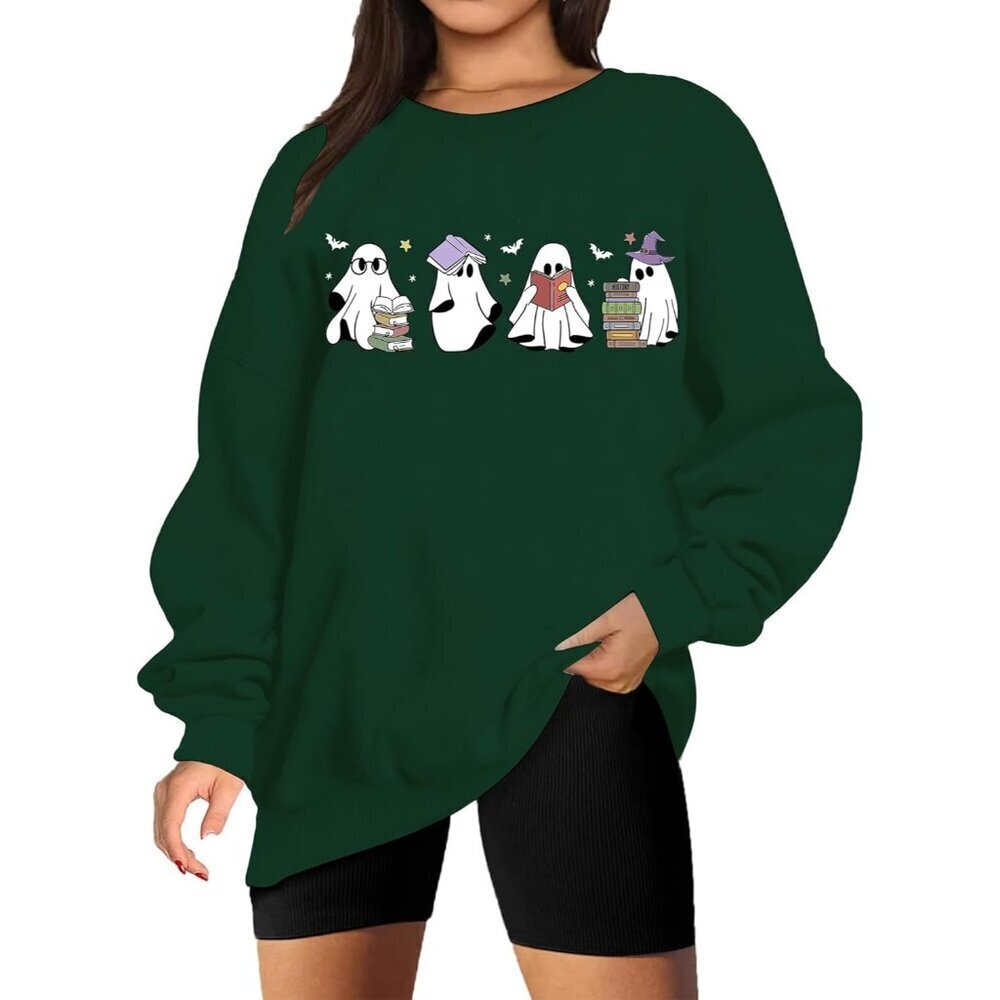 Halloween Ghost Reading Books Sweater Women Spooky Season Fall Pullover